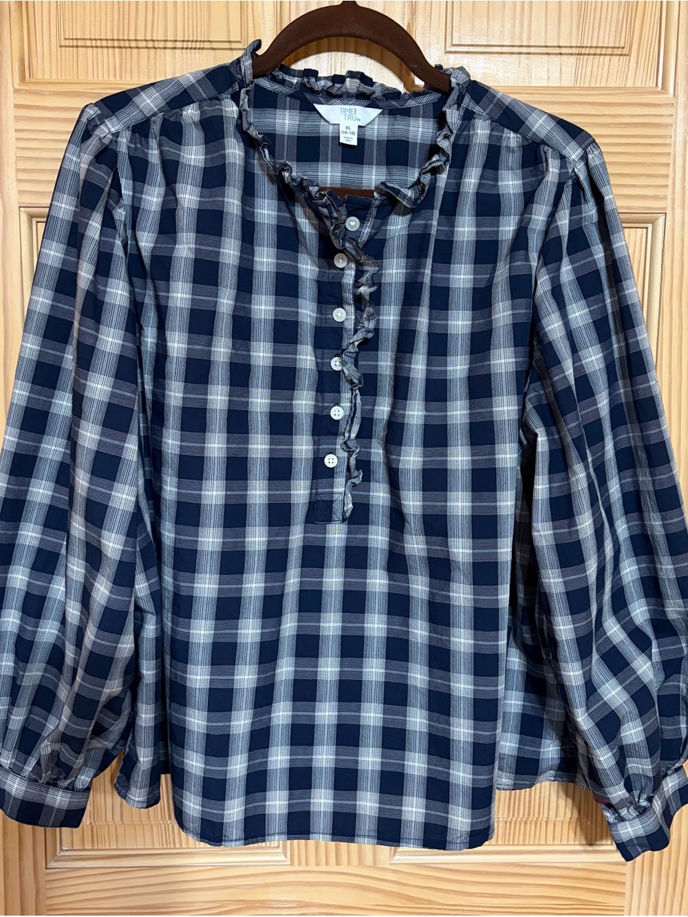 Navy and White Plaid Ruffle Henley Blouse XL